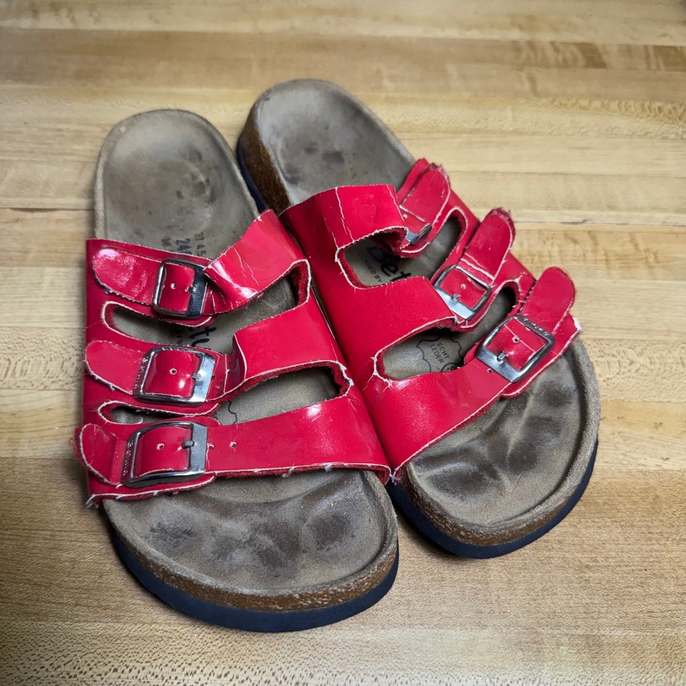 Betula by Birkenstock Women Red Patent 3-Strap Slide Sandals Size 37 L6 M4